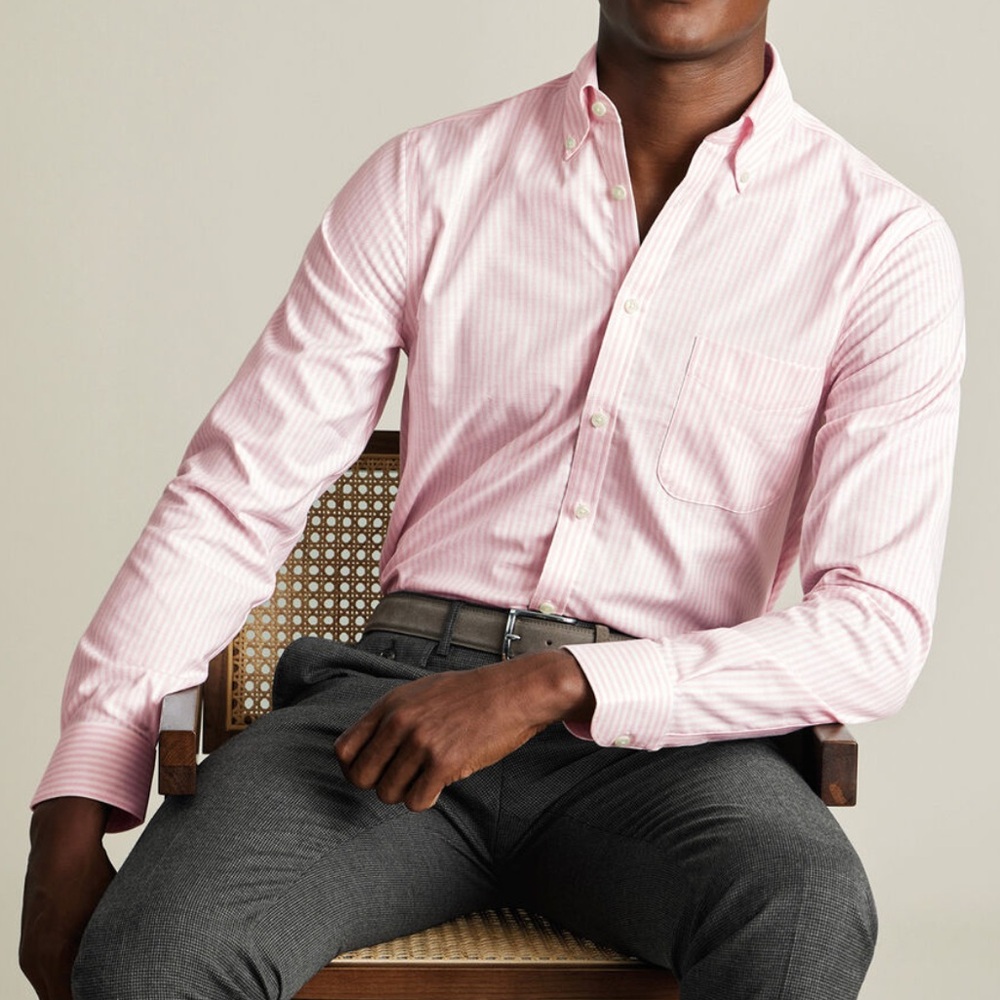 Men’s American Eagle Pink and White Striped Button Down Long Sleeve